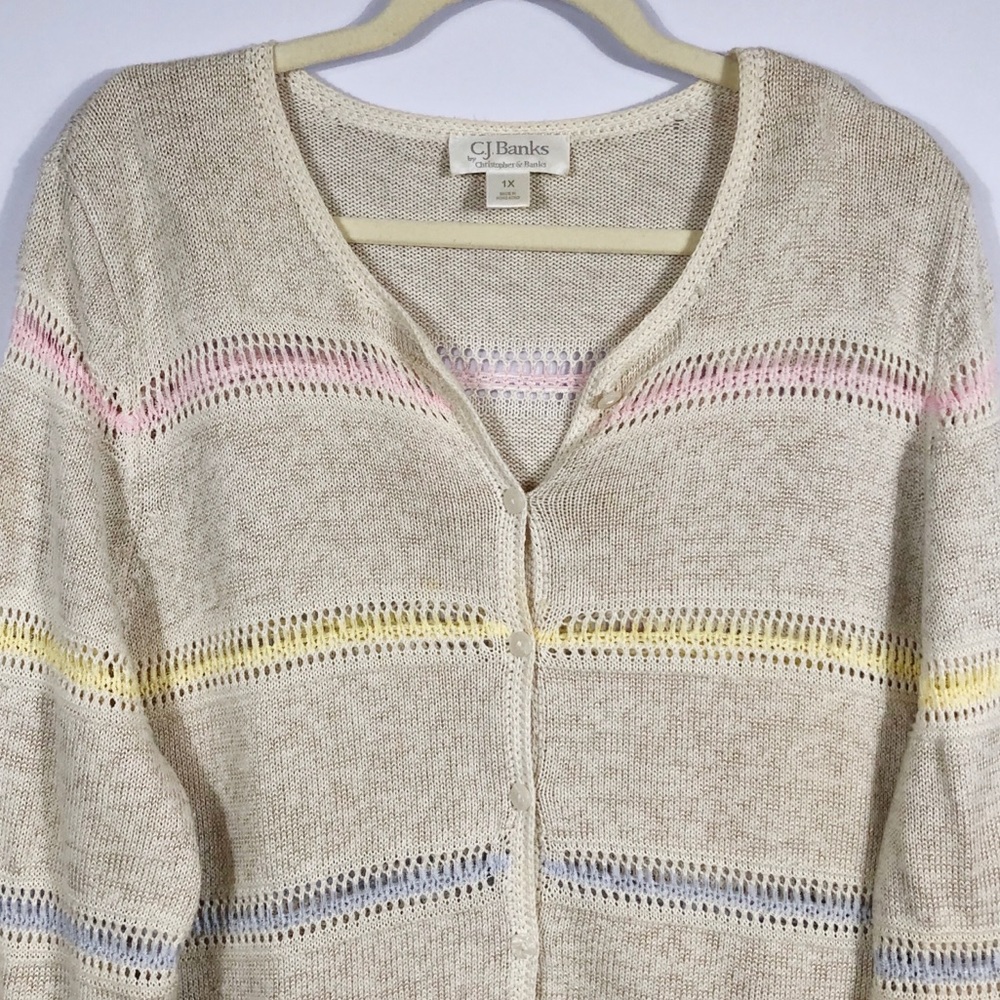 CJ Banks Cream & Pastel Button Up Cardigan - Picture 2 of 5